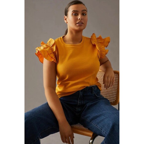 anthropologie Tops - Anthropologie Mustart Yellow Knit Ruffle Sleeve Top XL Boho Whimsy Fall